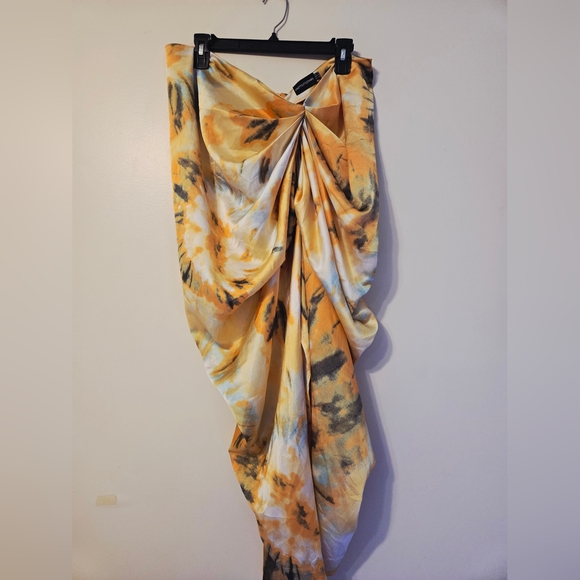Pretty Little Thing Orange Tie Dye Ruched Side Midi Skirt Sz 16 Vacation Casual - Picture 1 of 11